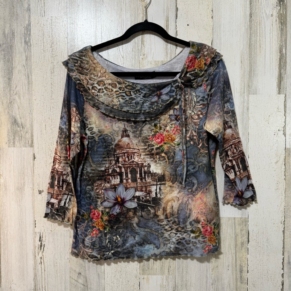 Vintage Off Shoulder Artistic Blue and Gray Women's Blouse with Floral Accents